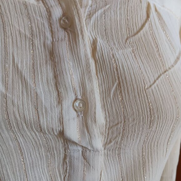 Medium True Vintage Boho Blouse Mandarin Collar Drawstring Hem Roll-Up Byer 70s - Picture 8 of 13